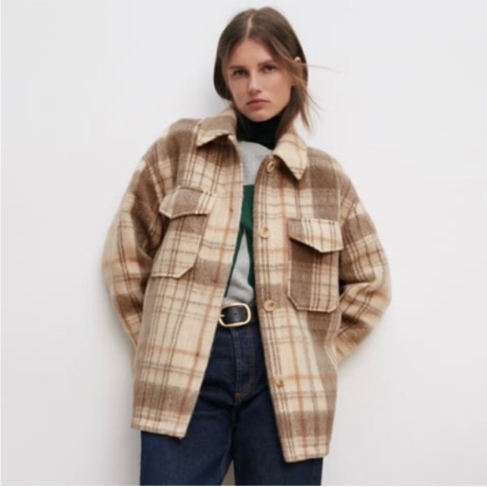 ZARA Plaid Shirt Jacket Women's Size Large Cream Tan Gray Long Sleeve Collared